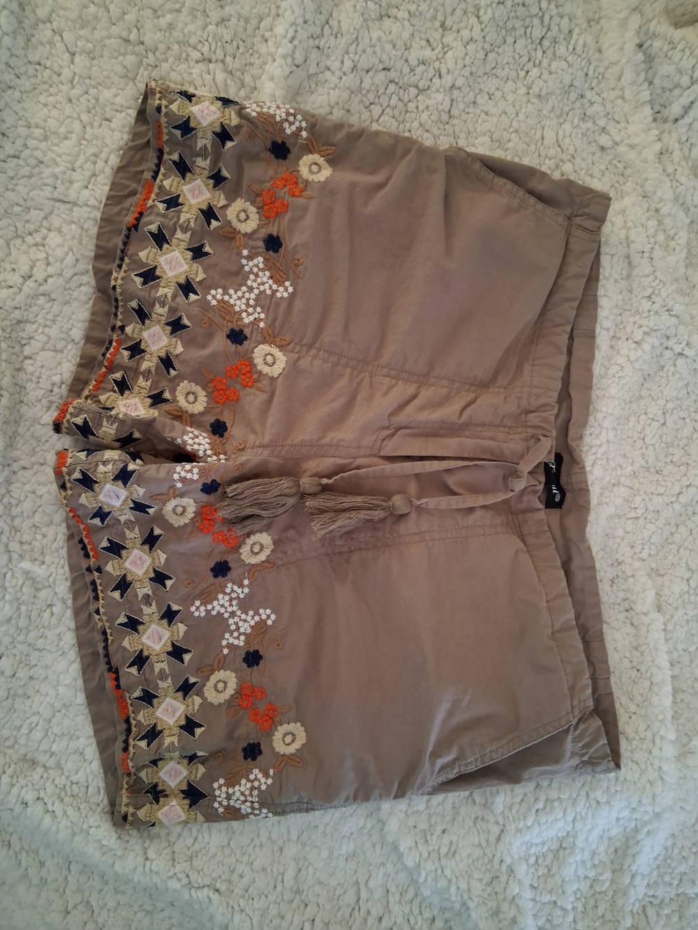 Tolani Taupe Embroidered Shorts with Tassel Waist